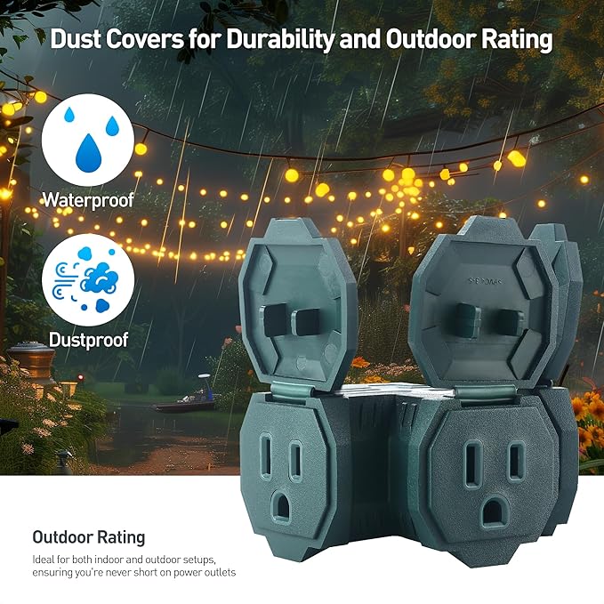 [ETL Listed] Cable Matters 2-Pack 3 Way Outdoor Plug Splitter 15A 1875W (Indoor/Outdoor Multi Plug Outlet, 3 Way Outlet Adapter) in Green