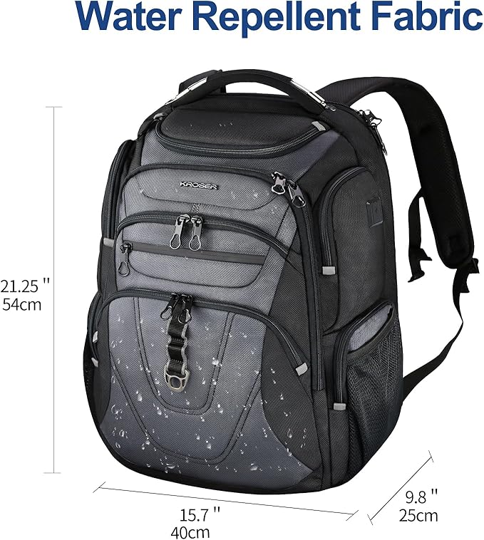 KROSER TSA Friendly Travel Laptop Backpack 18.4 inch XXXL Gaming Backpack Water-Repellent College Daypack Business Backpack with RFID Pockets & USB Port for Men/Women-Black/Grey