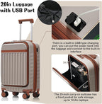 3 Piece Luggage Set ABS Hardshell Lightweight Suitcase Sets with Spinner Wheels and TSA Lock, 20 inch with Front Opening Design and USB Port, 20" Airline Certified Carry-on Luggage, 20"24"28", Khaki