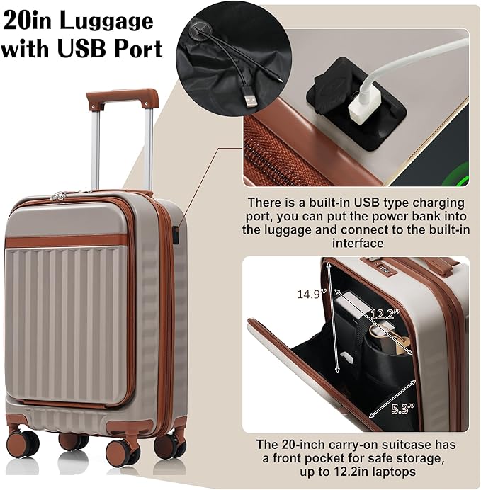 3 Piece Luggage Set ABS Hardshell Lightweight Suitcase Sets with Spinner Wheels and TSA Lock, 20 inch with Front Opening Design and USB Port, 20" Airline Certified Carry-on Luggage, 20"24"28", Khaki