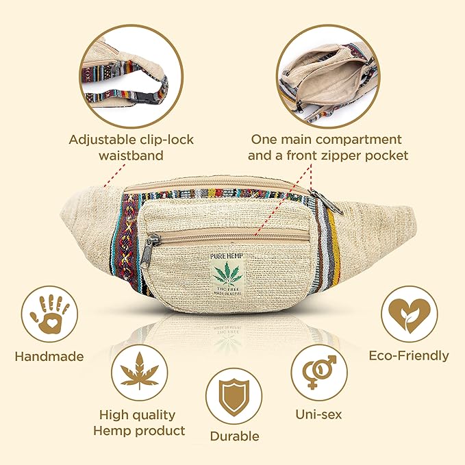 Freakmandu Eco-Friendly Boho Hippie Style Hemp Fanny Pack Hip Waist Bag for Hiking Running Jogging (Beatnik)