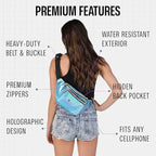 Holographic Fanny Pack Belt bag - Crossbody Waist Bag for Men or Women - Hands-Free, Waterproof Large Bumbag for Hiking, Running, and Travel (Blue Glitter)