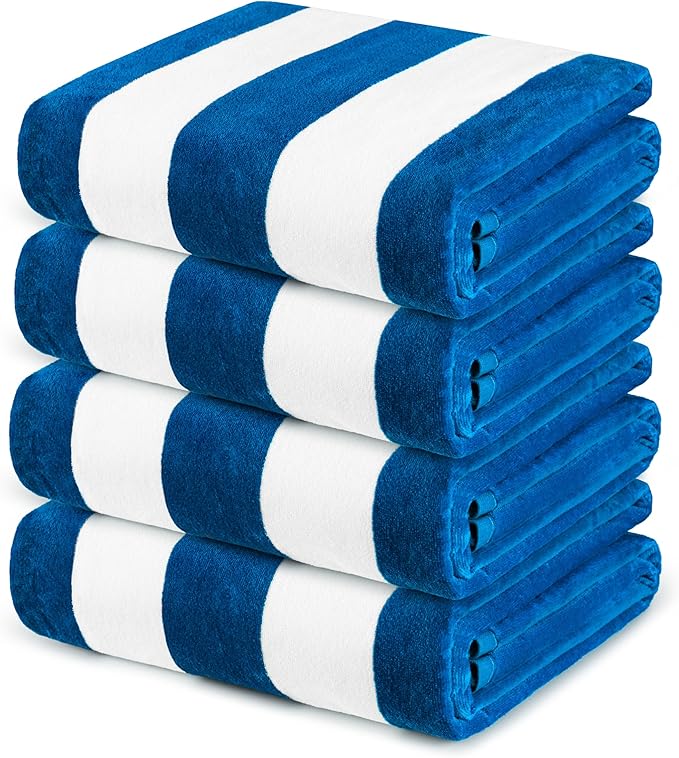 Exclusivo Mezcla 4 Pack Cotton Oversized 35x70 Inches Soft Cabana Stripe Thick Beach Towel, Super Absorbent Travel Bath Pool Towel (Ocean Blue)