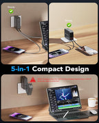 65W for MacBook Pro Charger,5-in-1 Retractable Wall Charger Plug for iPhone 17,3.94 ft PD USB C&Lightening Cable&3 Ports,Fast Charging Block for Mac Book Pro/Air,M1 M2 M3 M4 M5,iPad Pro,Galaxy,Pixel