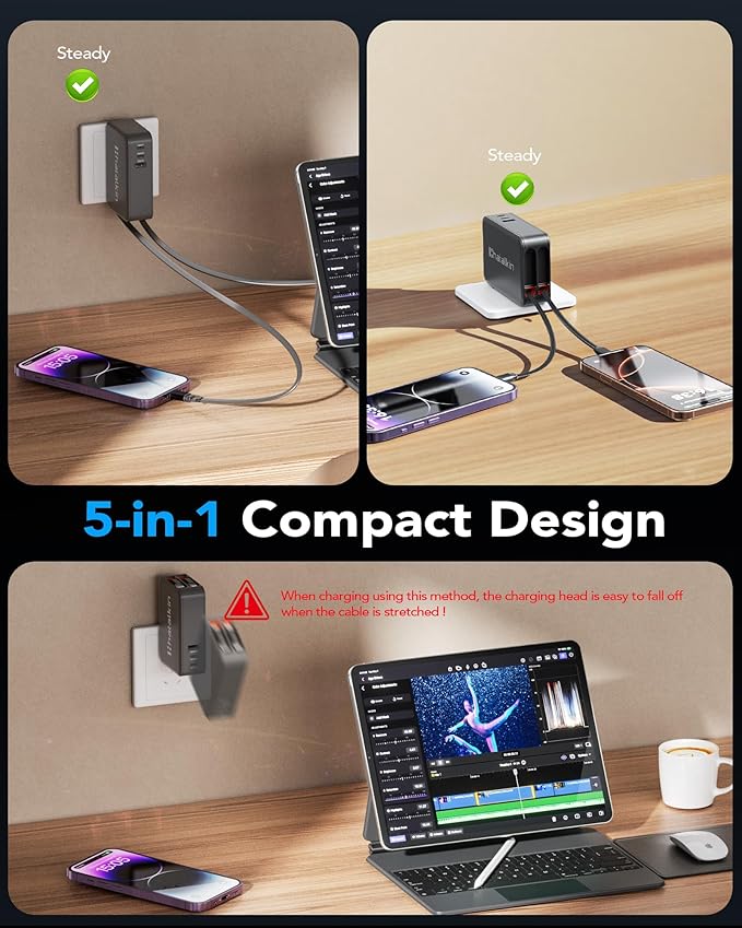 65W for MacBook Pro Charger,5-in-1 Retractable Wall Charger Plug for iPhone 17,3.94 ft PD USB C&Lightening Cable&3 Ports,Fast Charging Block for Mac Book Pro/Air,M1 M2 M3 M4 M5,iPad Pro,Galaxy,Pixel