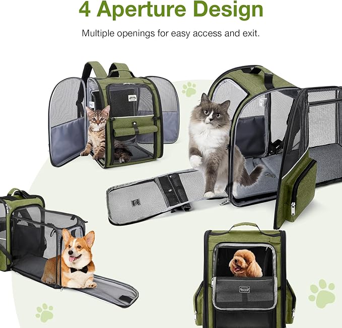 Large Cat Backpack Carrier Expandable Pet Carrier Backpack for Small Dogs Medium Cats Fit Up to 18 Lbs, Dog Backpack Carrier, Foldable Puppy Backpack Carrier for Travel, Hiking,Dark Green