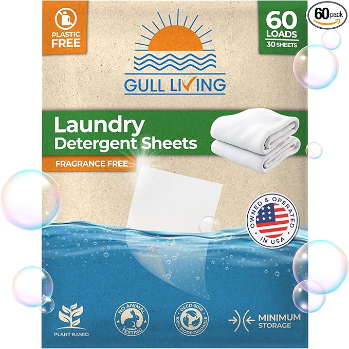 Gull Living Travel Laundry Detergent Sheets Unscented - 60 Loads - Dissolves Quickly, Removes Stains & Odors - For Home and Travel Laundry Sheets Detergent