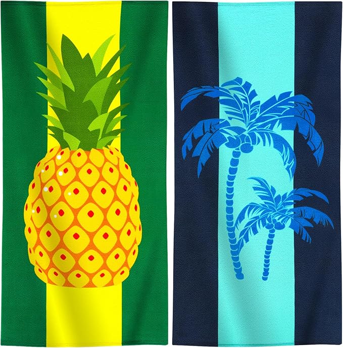 2 Packs Oversized Beach Towel Set 36 x 72 ln Large Big Pool Camping Swim Clearance Soft Towels Travel Essentials Accessories Must Haves Vacation Necessities Adult Gifts Coconut Tree Pineapple