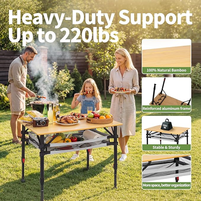 Join Nature 39.4'' Large Bamboo Camping Table, Adjustable Height Folding Outdoor Table with Aluminum Frame, Portable Camp Table with Carry Bag for Camping, RV, Picnic & Tailgating
