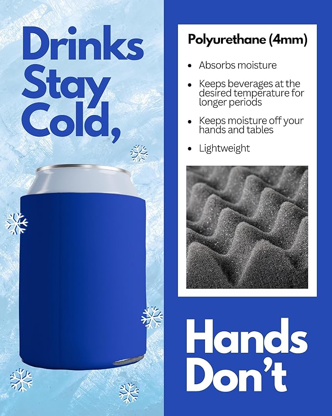 PartyPrints 25 Pack Royal Blue Blank Can Cooler Sleeves, Customizable Bulk Insulated Foam for Beer, Collapsible Plain Drink Holder, Cold Soda Insulator, 12oz Regular, 16oz Tall Cans