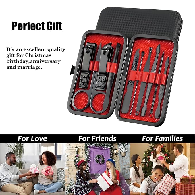 Nail Clipper & Grooming Set,10-Piece Manicure Set, Nail Care Kit with Travel Case, Ideal Christmas Gift or Stocking Filler Stuffers for Men & Women