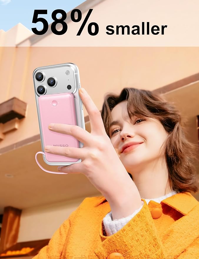 miisso Ultra Slim 10000mAh Power Bank Built-in Cables and Foldable AC Wall Plug, Pocket Size USB C Portable Charger, External Battery Pack Compatible with iPhone Samsung, Pink