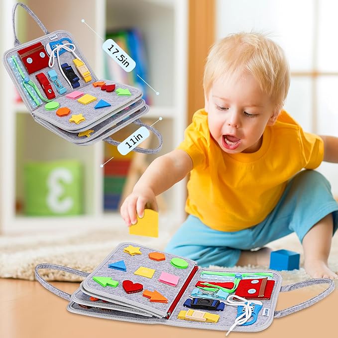 Esjay Toddler Busy Board Montessori Toys for Boys Girls, Sensory Book Educational Activities for Learning Fine Motor Skills, Birthday Gifts for Toddlers, Travel Toys for Airplane Car,Grey Dinosaur
