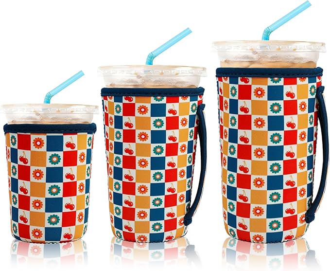 KJQJLY 3 Pack Reusable Iced Coffee Sleeves for Iced Coffee Cups or Drinks Reusable Neoprene Insulated Sleeves for Hot and Cold Drinks from Starbucks, Dunkin, And More (check)