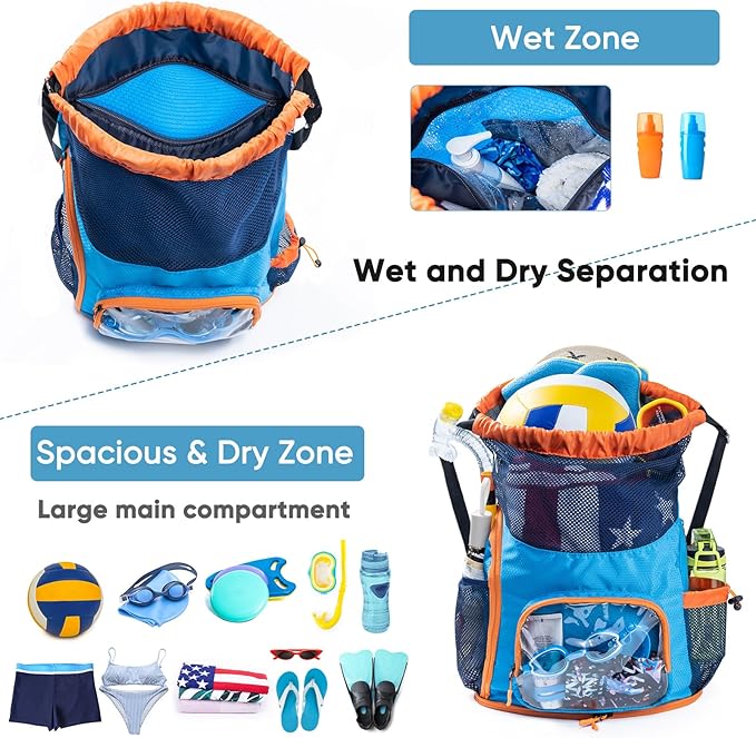 Mesh Drawstring Backpack with Shoe Compartment, Sandproof Beach Swim Bag with Wet Pocket, Pool Gym Shower Bag for Travel Summer Camp