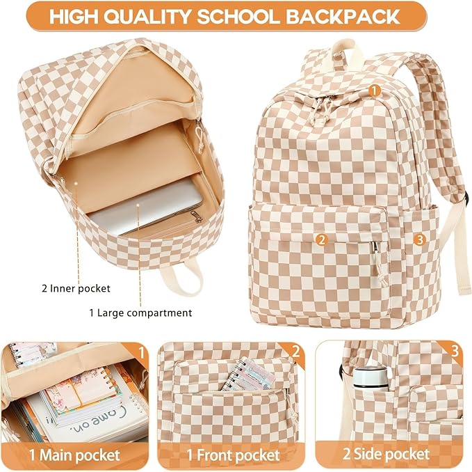 LOIDOU Backpack for Girls School Backpacks Bookbags for Elementary Middle School Women Laptop Backpacks (Brown white checker, L-17)