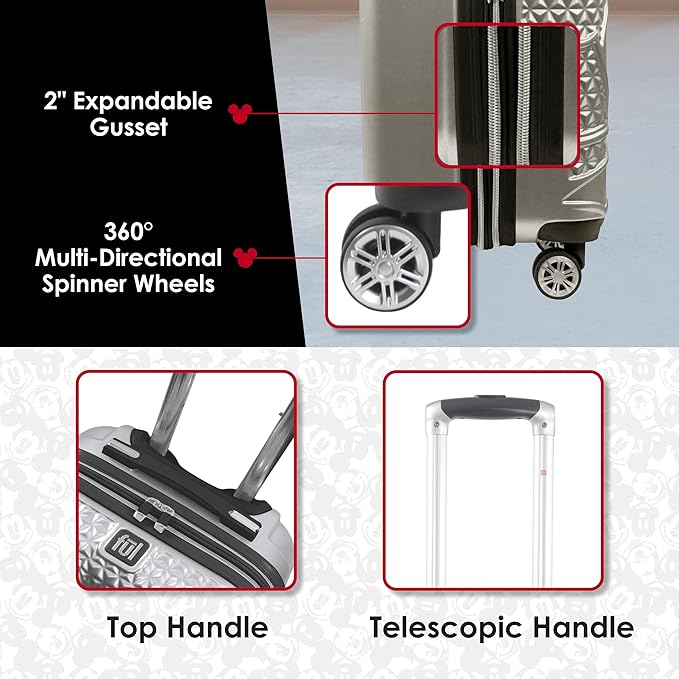 FUL Disney Mickey Mouse 22 Inch Carry On Luggage, Hardshell Rolling Suitcase with Spinner Wheels, Silver