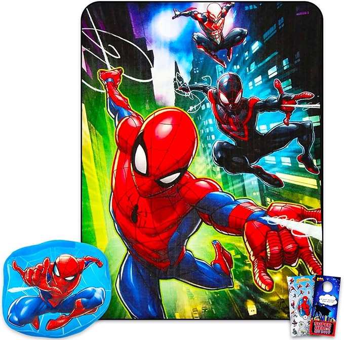 Spiderman Travel Blanket and Pillow Set - Bundle with Spiderman Blanket, Pillow, Stickers, More | Spiderman Travel Accessories for Kids