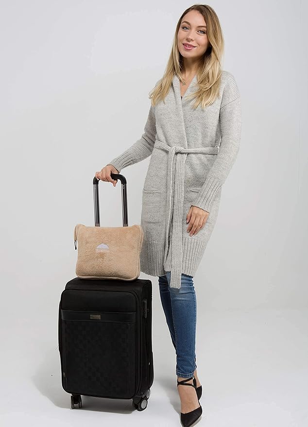 BlueHills Soft Long Travel Blankets 70X48 inches Large Plush Value Pack of 2 - Premium Airplane Travel Essential Flight Throw in a Bag Compact for Plane Travel Gift – Gray and Beige