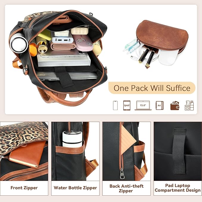 AGLOD Vegan Leather Laptop Backpack for Women 15.6 Inch Work Backpack Purse for Travel College