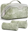 BOYATU Travel Makeup Bags Cosmetic Organizer Bag: 3-Set Large Capacity Make up Bag - PU Leather Toiletry Bags for Women - Wide Open Portable Pouch with Divider & Handle (02-Light Green)