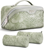 BOYATU Travel Makeup Bags Cosmetic Organizer Bag: 3-Set Large Capacity Make up Bag - PU Leather Toiletry Bags for Women - Wide Open Portable Pouch with Divider & Handle (02-Light Green)