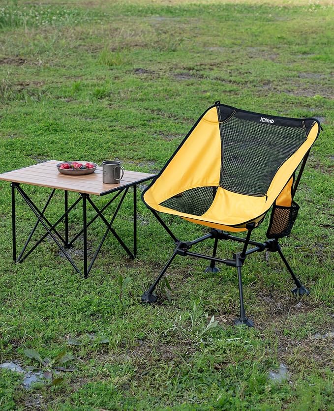 iClimb Ultralight Compact Camping Folding Beach Chair with Anti-Sinking Large Feet and Back Support Webbing (Yellow - Square Frame - 2PC)
