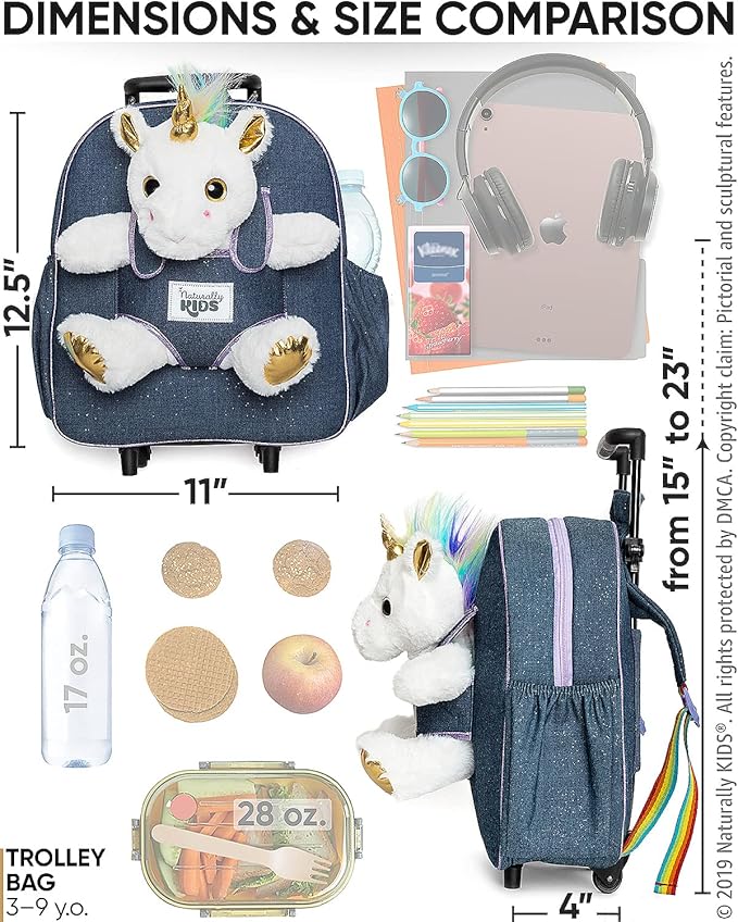 【Upgraded】Toddler Luggage for Girls w Removable Unicorn Toy | Side & Inner Pockets, Reflective Logo, Name Tag, Sparkly Denim | Kids Rolling Backpack | Travel & Birthday Gifts for 3 4 5 6 Year Old