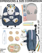 【Upgraded】Toddler Luggage for Girls w Removable Unicorn Toy | Side & Inner Pockets, Reflective Logo, Name Tag, Sparkly Denim | Kids Rolling Backpack | Travel & Birthday Gifts for 3 4 5 6 Year Old