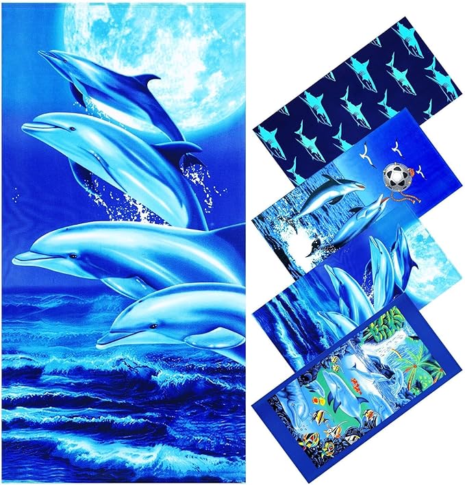Genovega Oversized Terry Beach Towel 36 x 72 in Soft Extra Large Big Pool Swim Towels for Adults XL Clearance Big Travel Blanket Cruise Vacation Accessories Essentials Lounge Chair Cover Dolphin Sea