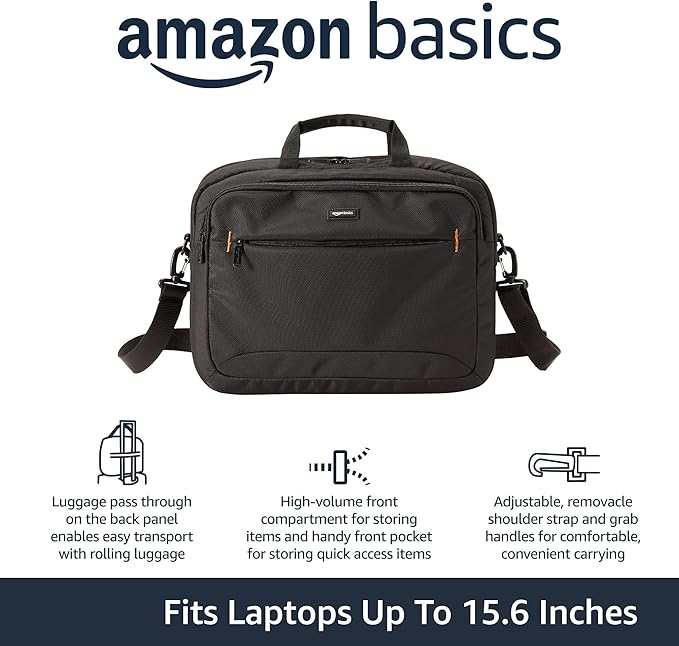 Amazon Basics Laptop Carrying Case with Shoulder Strap, 15.6-inch, Black, Large Capacity Office Work Bag, 10-Pack