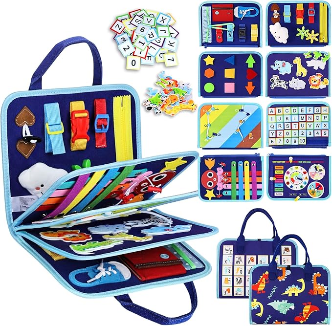 Esjay Toddler Busy Board Montessori Toys for Boys, Sensory Book Educational Activities for Learning Fine Motor Skills, Birthday Gifts for Boys Toddlers, Travel Toys for Airplane Car, Blue Dinosaur