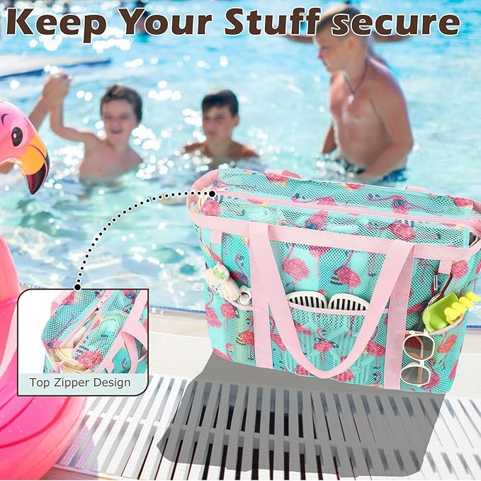 Fammart Mesh Beach Bag with Zipper, Large Beach Tote for Women, Toys Pool Swim Bag Travel Vacation Cruise Essentials