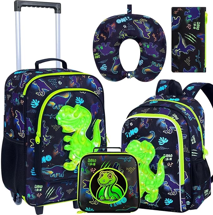 5Pcs Kids Luggage for Boys, Dinosaur Rolling Travel Carry on Suitcase for Toddler Children with Wheels(Black)