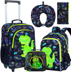 5Pcs Kids Luggage for Boys, Dinosaur Rolling Travel Carry on Suitcase for Toddler Children with Wheels(Black)