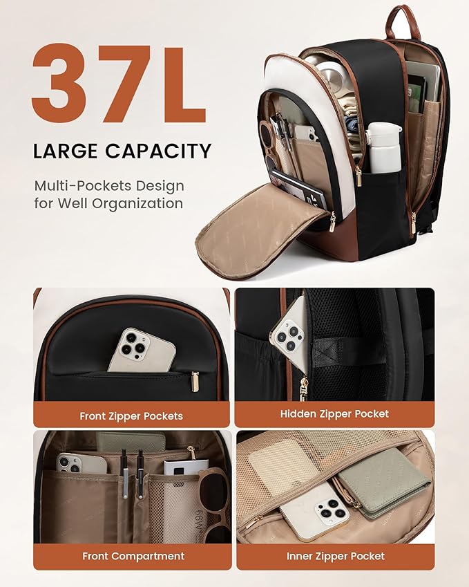 LOVEVOOK Laptop Backpack for Women, 18 Inch Travel Backpack, Large Capacity Casual Daypack, Work Computer Backpack, Travel Backpack for College, Cream Chestnut Brown