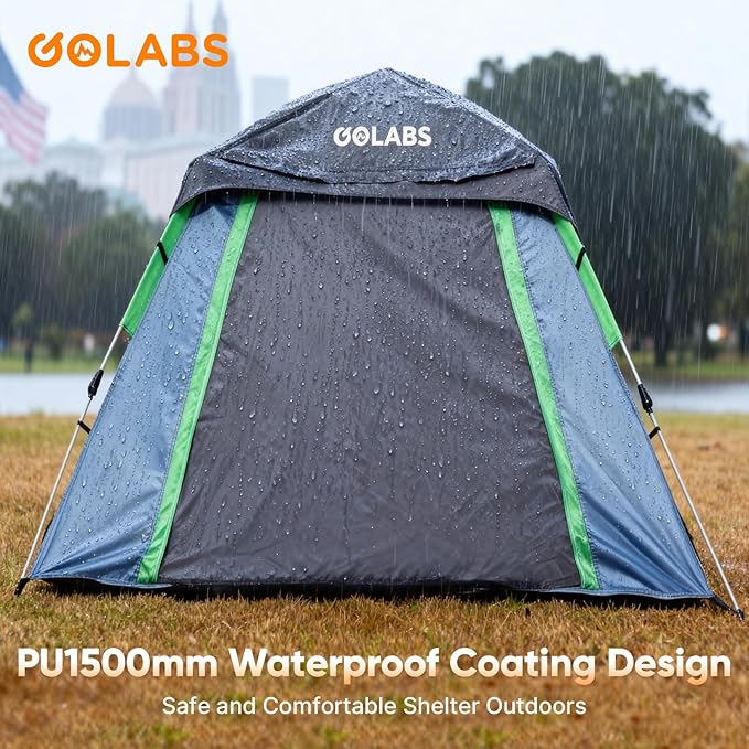 Golabs Pop Up Camping Tent for 2/3/4 Person, 1-Min Setup by Pre-Attached Pole, 4 Side Mesh& Door for View/Airflow, CT2 Instant Canopy Tent with PU1500mm Waterproof, for Outdoor/Camping/Music Festivals