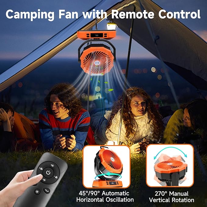 Sireck Camping Fan Rechargeable Portable Fan 12-Inch, 40000mAh Battery Powered Fan with LED Light, Digital Display, Timer, 6 Wind Speeds Cordless USB Desk Fan for Tent, Travel (Orange)