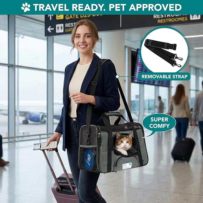 PetAmi Airline Approved Pet Carrier for Cats & Small Dogs, Soft Sided TSA Travel Carrier Bag Sherpa Bed, Breathable Mesh Ventilation, Collapsible Bowl, Fits Under Seat, Up to 18 lbs, Small Dark Gray