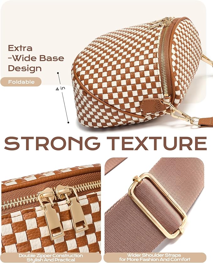 Trendy Woven Checkered Crossbody Bum Bag for Women，PU Leather Checkered Purse Fanny Packs Belt Bag (Woven Bum Bag - Brown White)