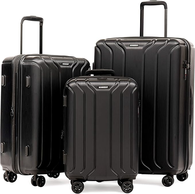 NONSTOP NEW YORK Luggage Expandable Spinner Wheels hard side shell Travel Suitcase Lightweight, TSA Lock, Double USB Port (Black, 3-Piece Set (20/24/28))
