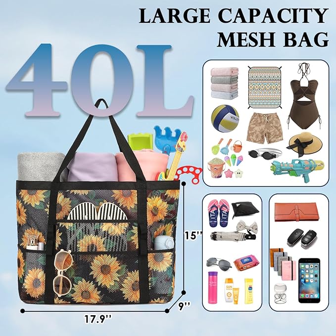 Fammart Mesh Beach Bag, Large Beach Tote with Zipper Pocket, Toys Pool Bag for Family Travel Vacation Cruise Essentials