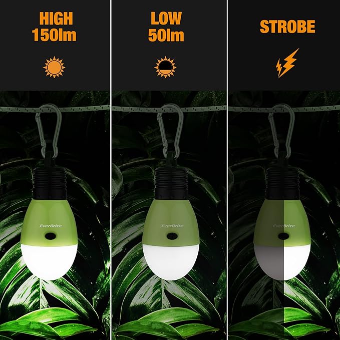 EverBrite Rechargeable Camping Light, Portable Tent Lantern,3 Lighting Modes, Hanging Tent Light Bulbs with Clip Hook for Hiking, Fishing, Backpacking, Emergency and More-Green