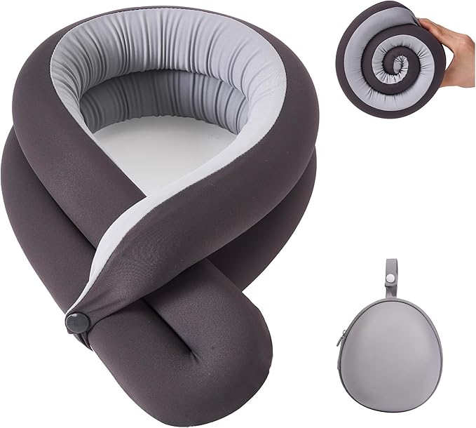 KPNEOL Travel Pillow, Neck Pillow – Ergonomic Memory Foam Pillow for Airplane, Adjustable & Ultra-Lightweight with Dual-Sided Fabric for Flight, Car, and Office Use, Grey