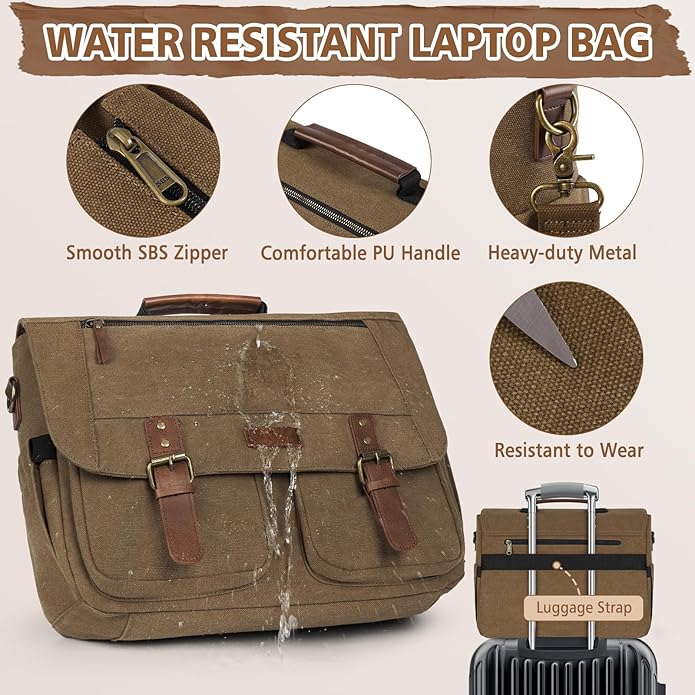 RAINSMORE Messenger Bag for Men 15.6-17.3 Inch Laptop Bag Water-resistant Canvas Briefcase Computer Satchel for Work College