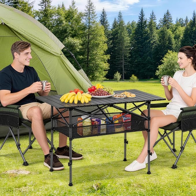 Camping Table Folding Portable Table 47.24” X 21.65” Roll-up Picnic Table with 2 Adjustable Height for Picnic, Camping, Beach, BBQ, Party, Backyard, Black