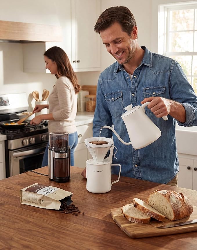 AGOGO Pour Over Coffee Maker Set - Unbreakable 304 Stainless Steel V60 Dripper & Server for Camping & Party, Includes 50 Paper Filters & Barista Towel - Cream White - 30oz