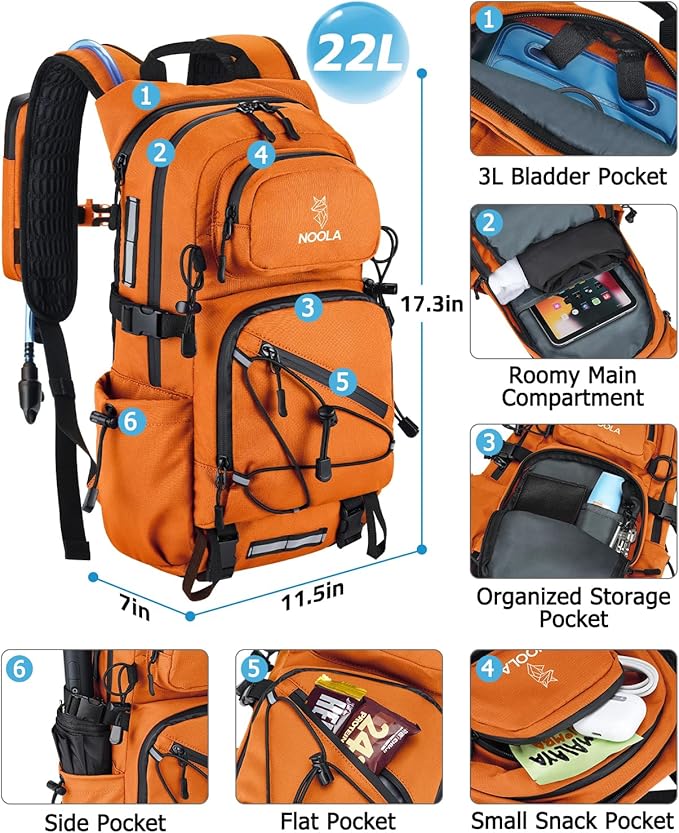 NOOLA Hydration Backpack with 3L Water Bladder, 22L / 25L Water Backpack for Hiking Cycling Biking, Lightweight Hiking Pack