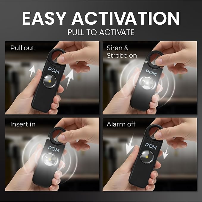 POM Personal Safety Alarm for Women – 130dB Loud Emergency Siren, USB-C Rechargeable with Bright LED Flashlight, Portable Keychain Design for Self Defense, Purse, Backpack & Travel (Black)