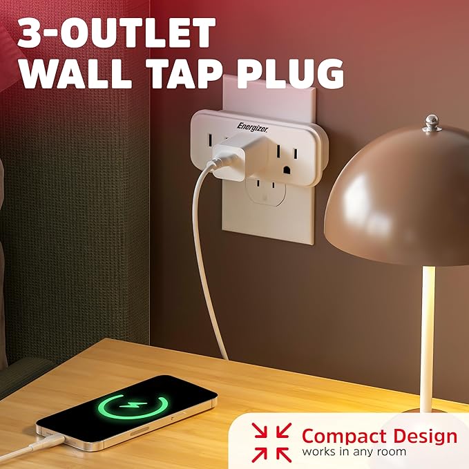 Energizer 2 Packs of 3 Device Multi Plug Wall Outlet Extender (3) AC Power Outlets Grounded Power Strip Expander Splitter Plug in Adapter